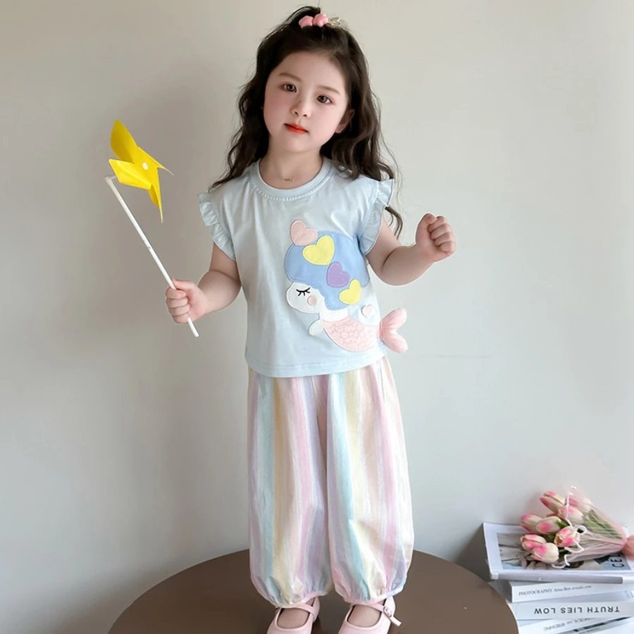 HHkids女童短袖套装2025新款洋气美人鱼宝宝T恤裤子两件套DTZ259
