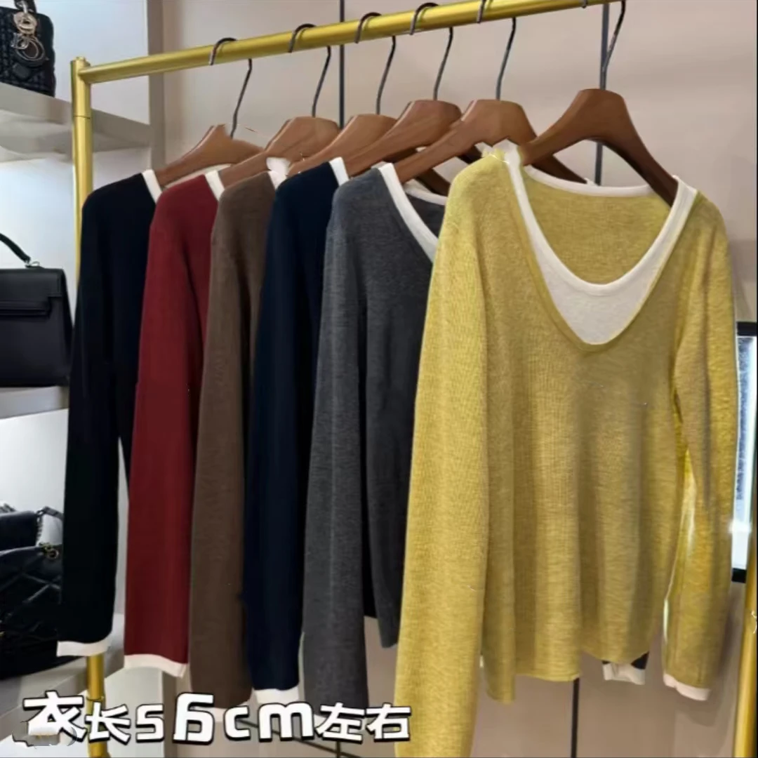 欧货撞色U领两件套长袖上衣T恤