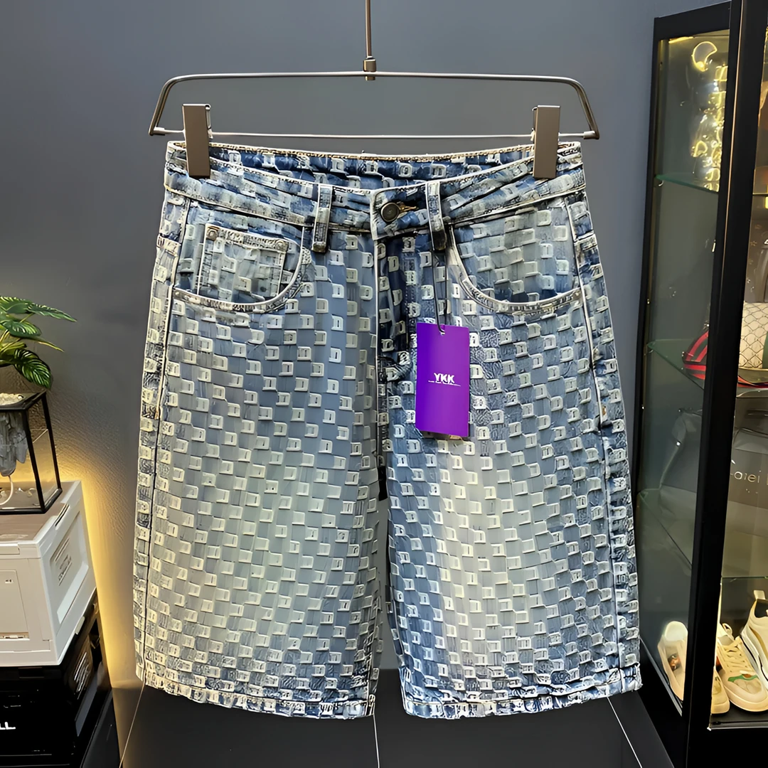 Cebrodz美式高端痞帅提花休闲牛仔短裤男士宽松潮牌复古五分中裤