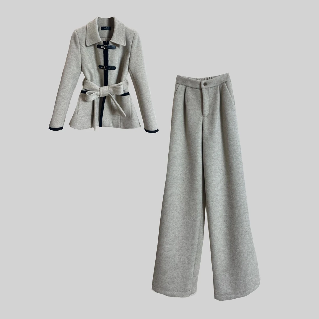 【纪朵研】8153秋冬新款高级感复古休闲套装西装外套阔腿裤两件套女
