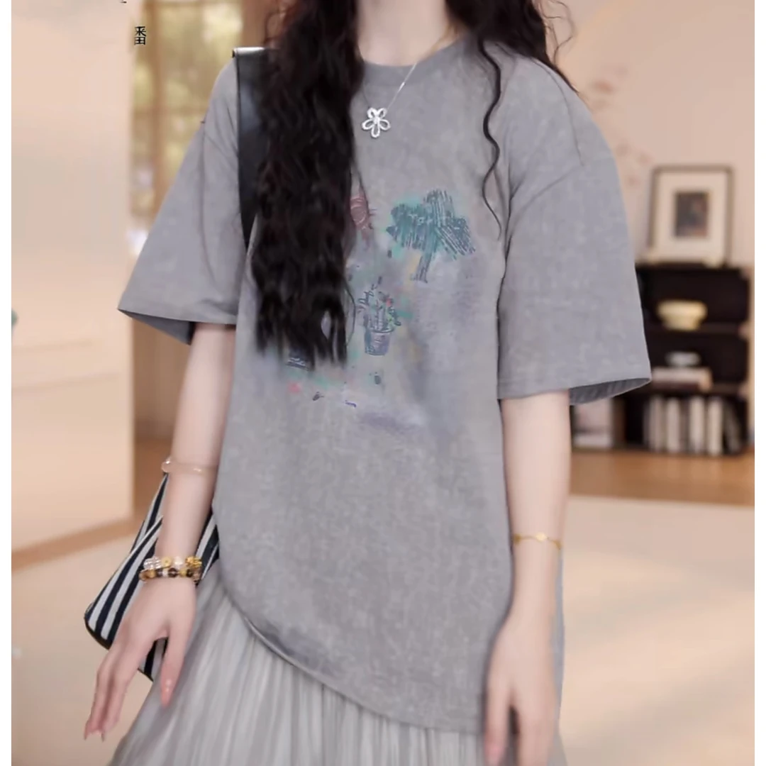 【风蚀岩语】2025夏季薄款百搭卡通印花短袖T恤女休闲宽松显瘦上衣