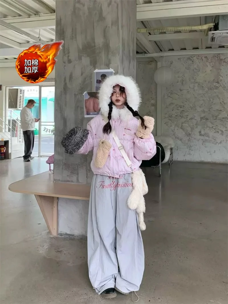 【当日发】加棉加厚粉色设计感蝴蝶可拆卸毛领棉服冬季美式短款套装