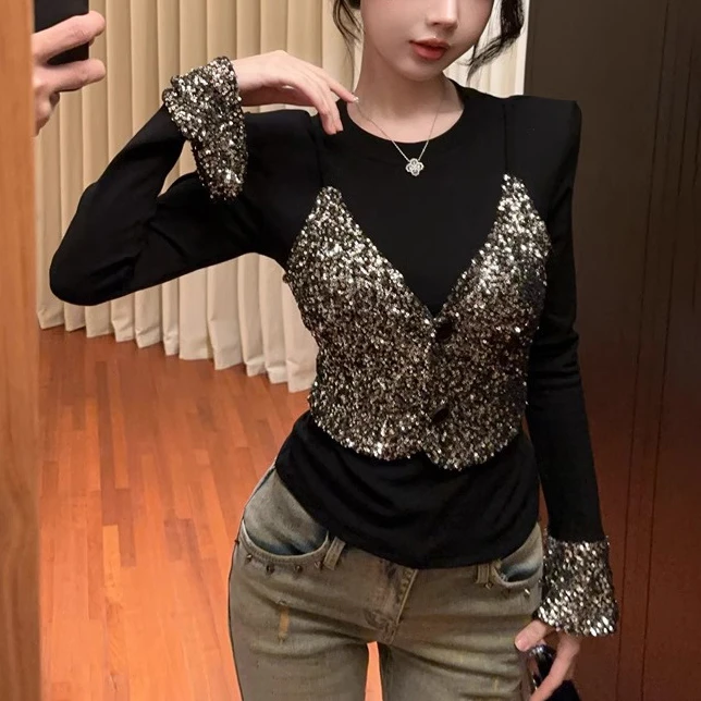 设计感德绒拼接亮片打底衫女假两件显瘦喇叭袖2025新款上衣长袖