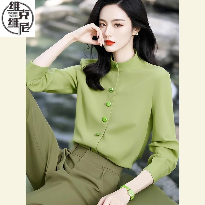 早春法式独特漂亮小众轻奢洋气冷淡系高级感时尚百搭通勤绿色衬衫