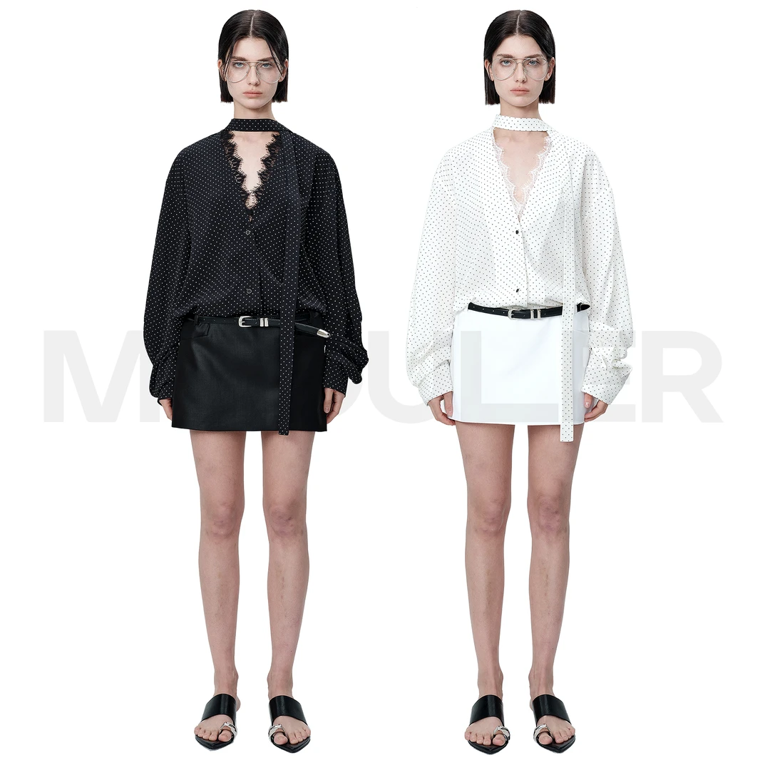 MODULER新款 原创蕾丝拼接宽松垂感显瘦背薄小波点衬衫 黑色白色