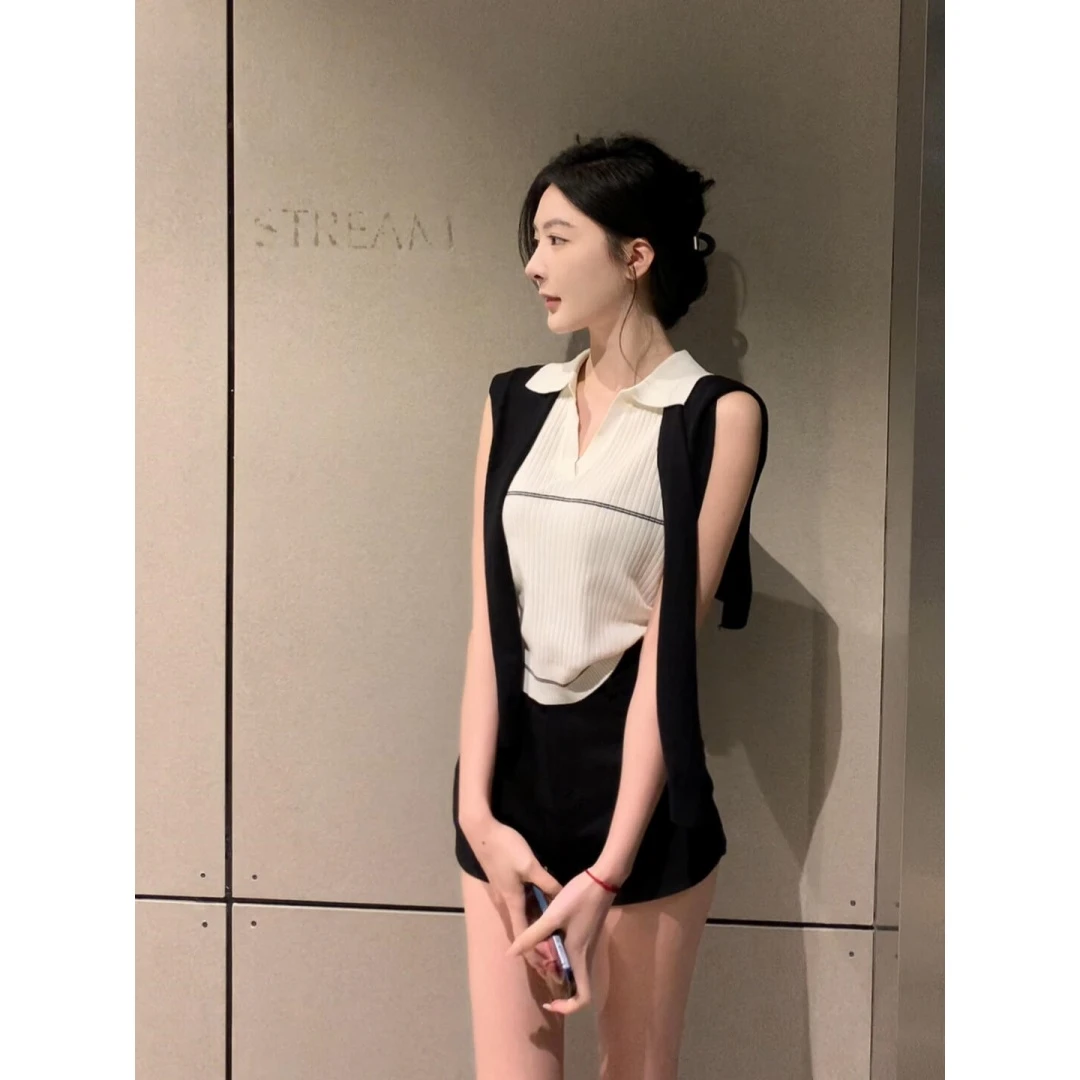 parkyeon2025新款高级感气质polo领上衣辣妹高腰a字短裤两件套