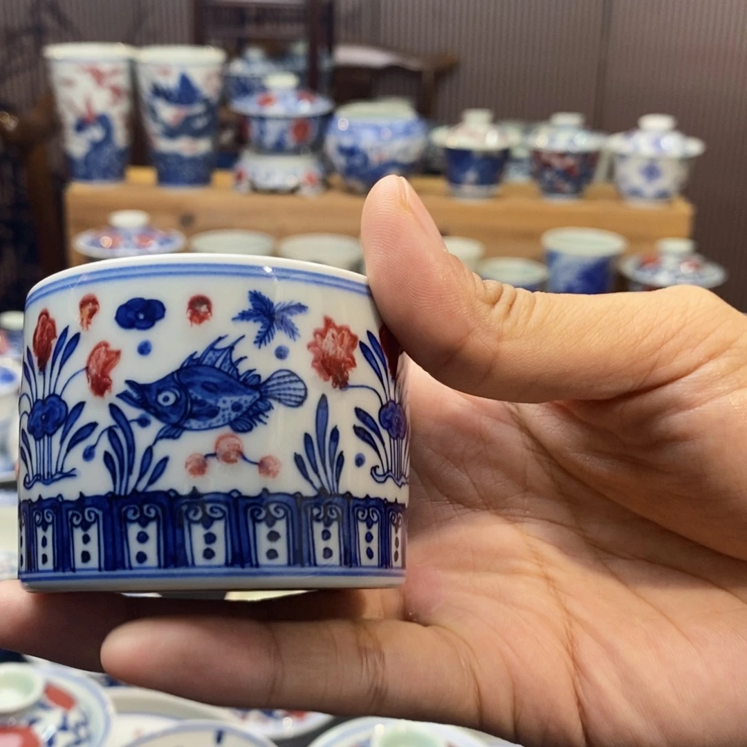 鱼澡扳指杯手绘原矿