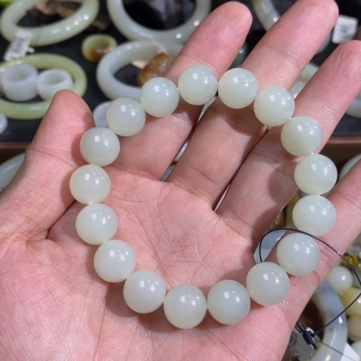未镶嵌手链和田玉新疆且末天泰矿高青白圆珠手串
