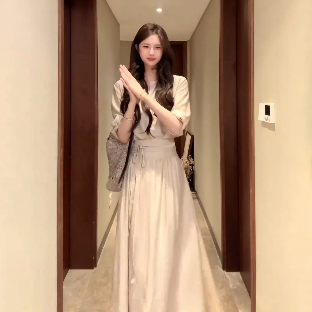 2025新款禅意清冷感穿搭衬衫连衣裙子女夏季简单大方套装长裙5219