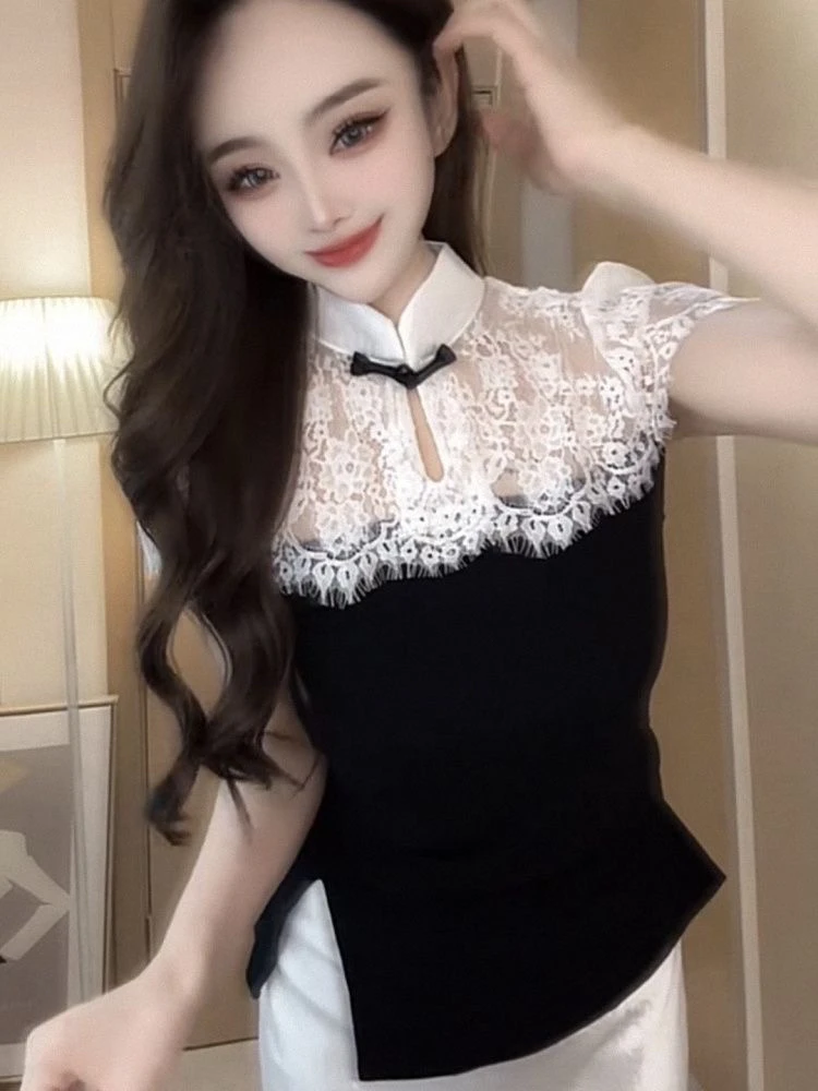 681款气质上衣短款设计复古风小高领时尚夏季穿搭上衣