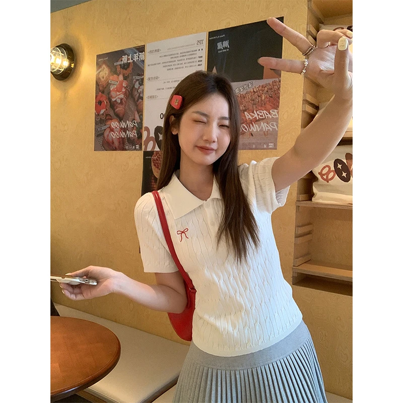 韩系甜美蝴蝶结麻花POLO领短袖T恤女春季新款内搭修身辣妹小上衣