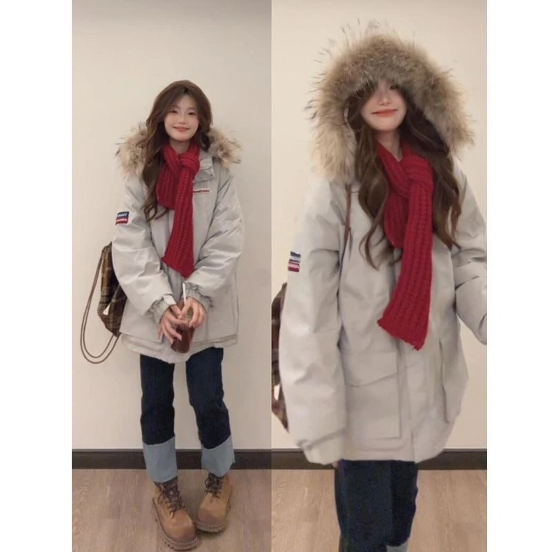 Ootd 好韩！黑金款大毛领定格棉工装派克棉服男女宽松棉衣加厚