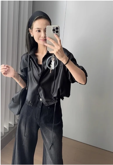 美洋MEIYANG 黑泽衬衫 斜纹肌理抽绳下摆翻领短款长袖衬衣黑色L