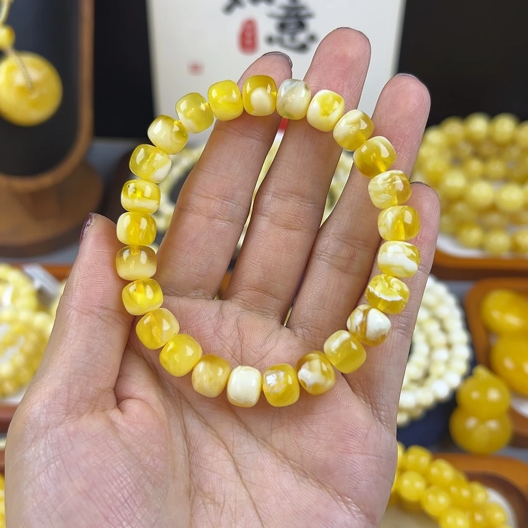 琥珀未镶嵌手链9.0mm 金瓷白荧光拉丝