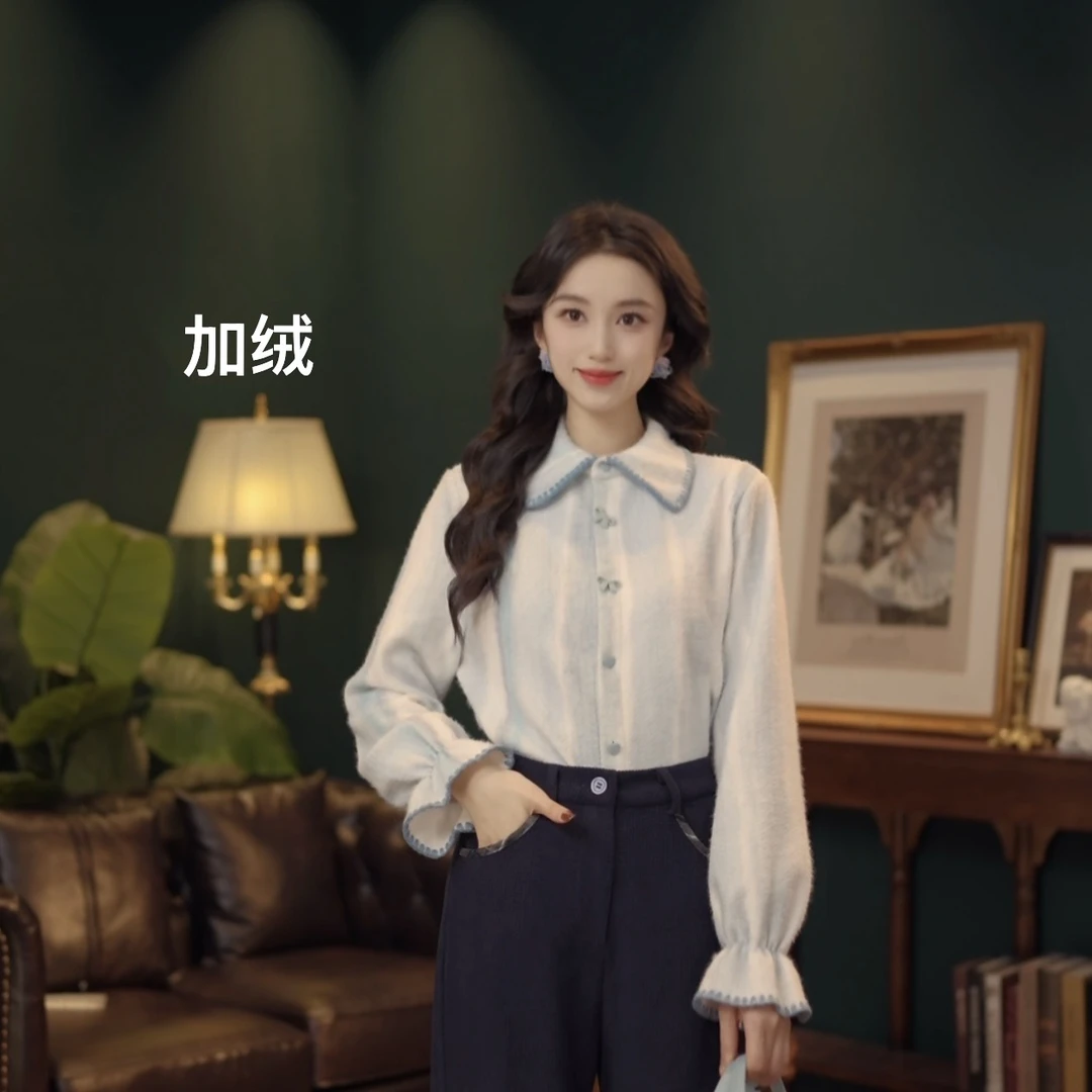 琦琦【蓝鲸之歌】复古港风秋冬厚款休闲百搭衬衫上衣YF1103534