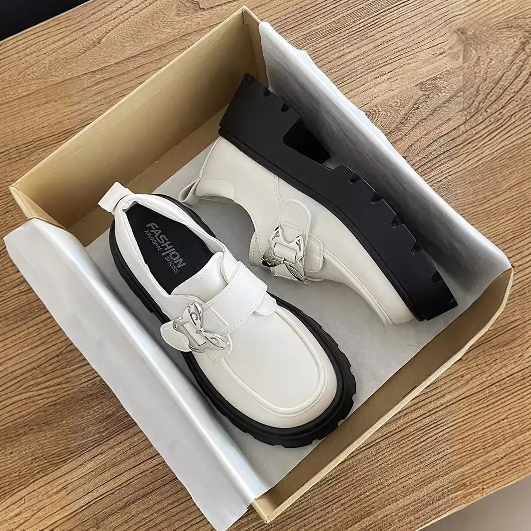 【万象撤柜】白色厚底乐福鞋女2025新款圆头增高小皮鞋蝴蝶百搭单鞋