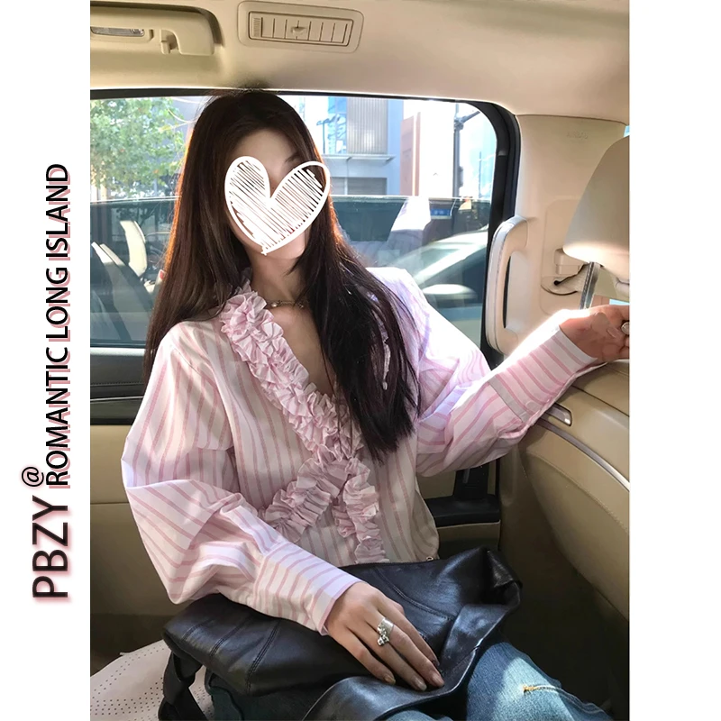 8923#淡粉色V领花蕊边条纹长袖衬衫春秋季上衣女2025春秋季新款