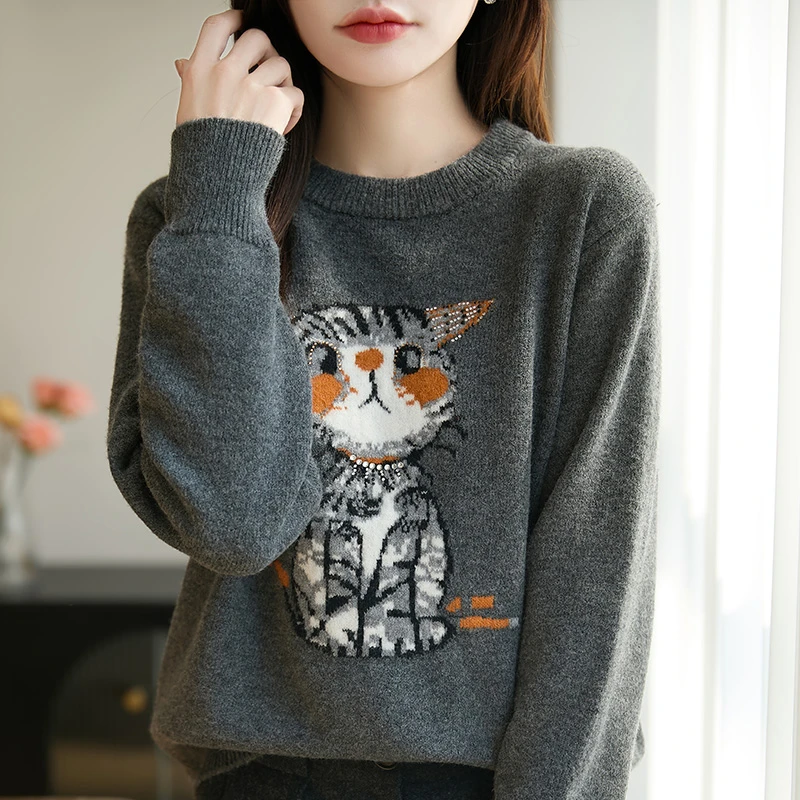宽松圆领秋冬减龄猫咪提花针织衫新款套头长袖加厚打底毛衣洋内搭