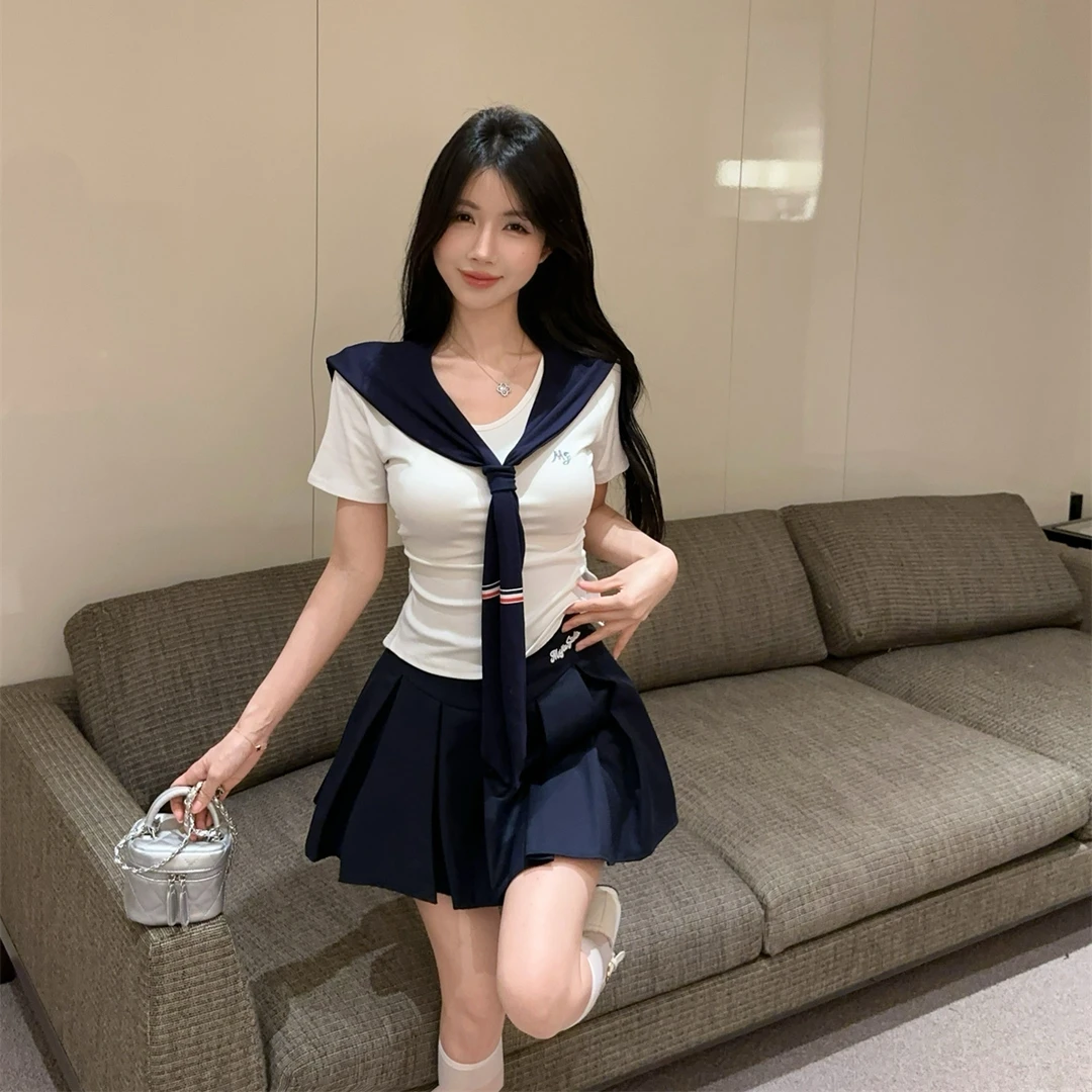 夏季jk制服套装女甜辣高级感收腰显瘦短袖披肩上衣半身裙三件套女