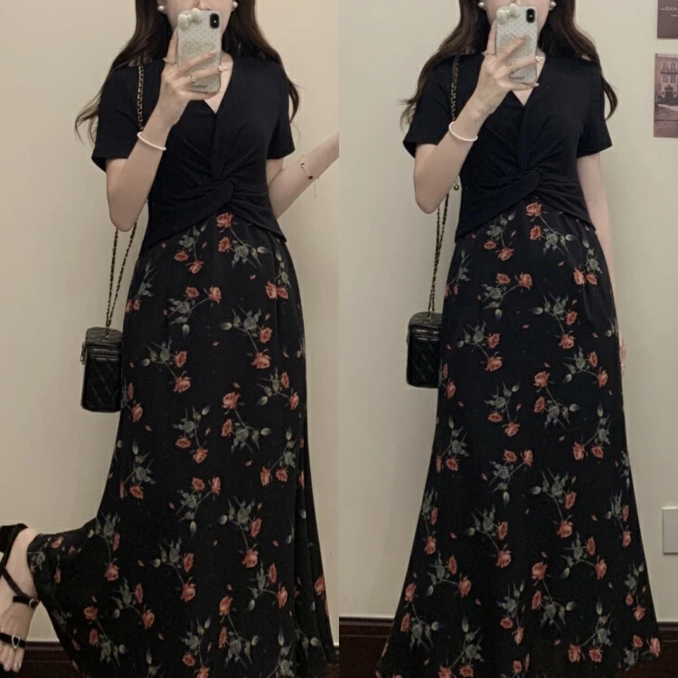 大码胖mm法式茶歇假两件正肩碎花连衣裙女夏季高腰显瘦短袖长裙子