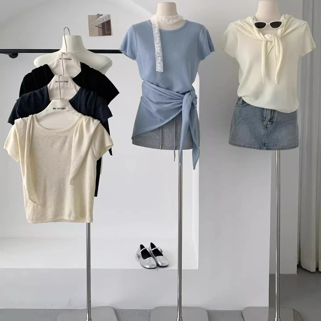 简约韩系气质慵懒调性配披肩短袖针织衫T恤2025春新款上衣两件套