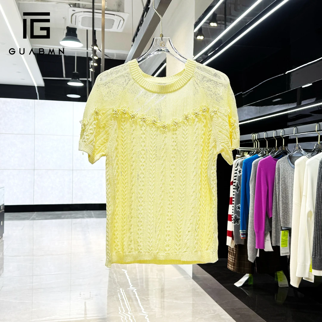 GUABMN2025夏季新款立体钩花镂空微透宽松百搭短袖针织衫5007
