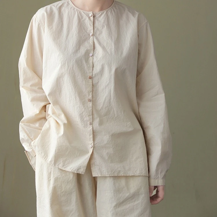 春夏新款文艺复古女装高密长绒棉轻盈感棉布圆领双面穿宽松衬衫女