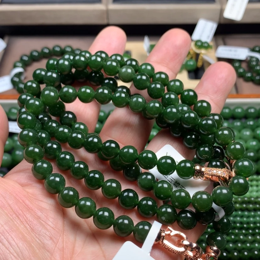 【闪购商品】和田玉（碧玉）颈饰未镶嵌8mm菠菜绿毛衣链