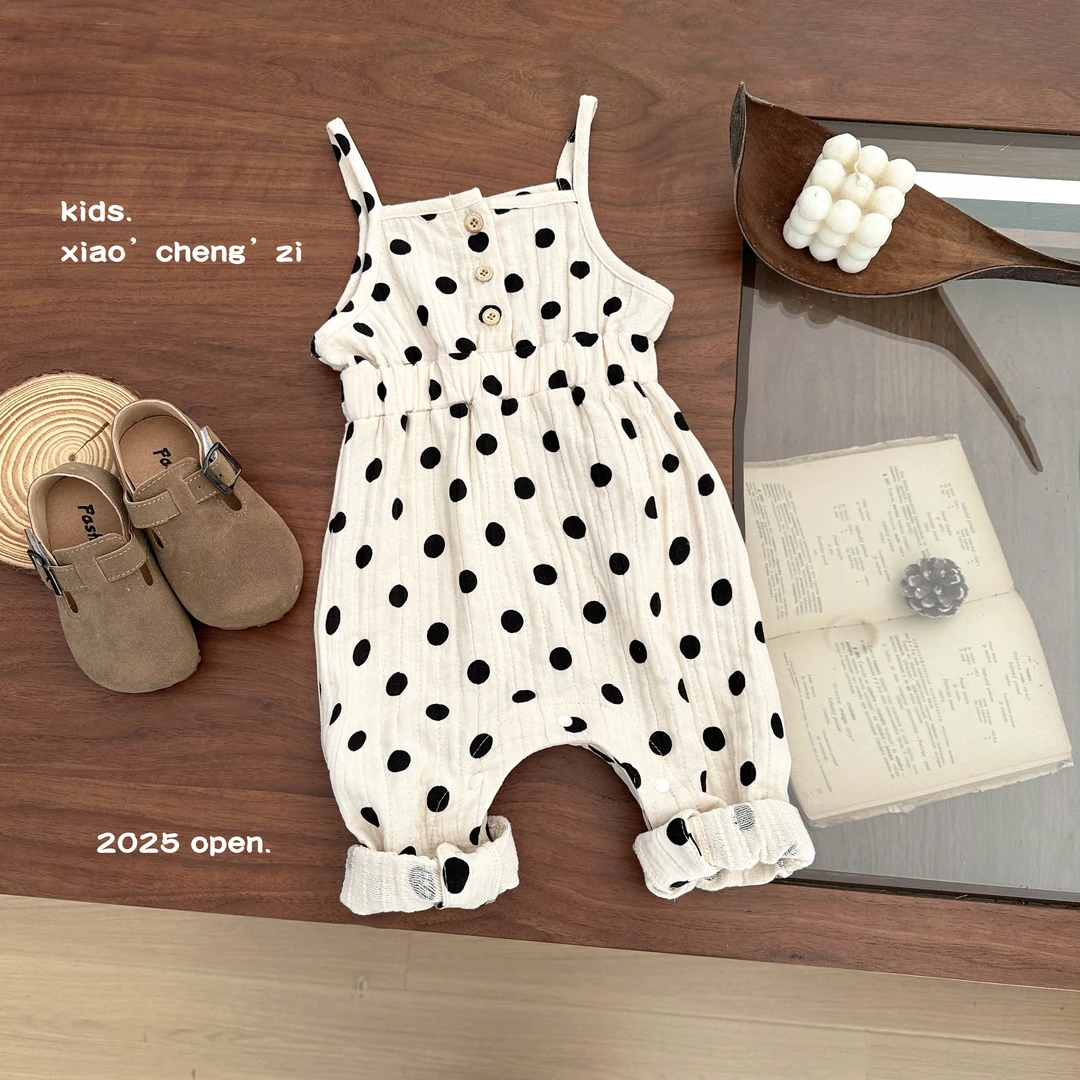 T25C72新款春季背带裤男童女童圆点纯棉宝宝薄款爬爬服背带外出