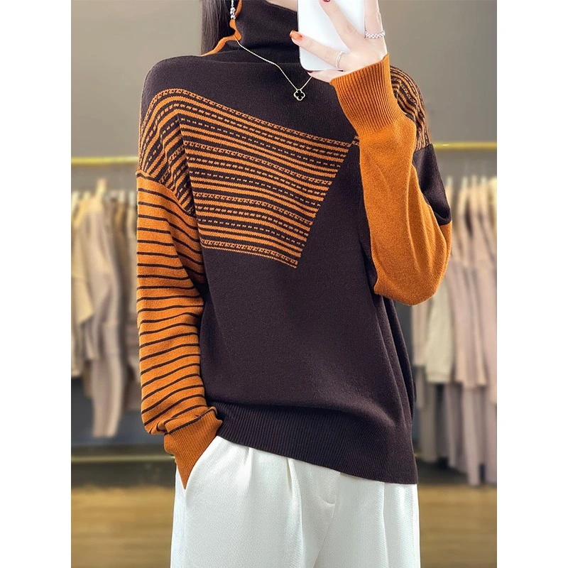 高领对比色时尚针织女式底衫2025新款春秋季内搭大码蓝语大码女装