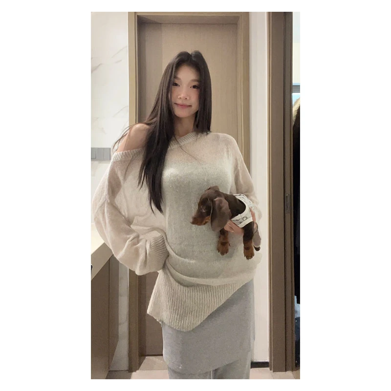 withmin凉皮 清晨白露 慵懒风显瘦斜肩宽松长袖透感上衣2522443
