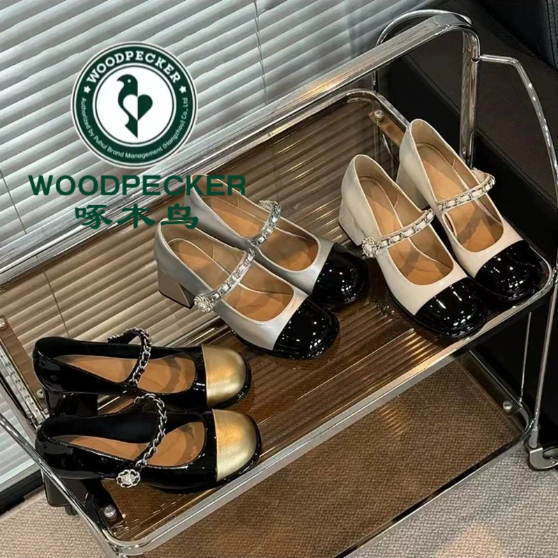【啄木鸟】女鞋2025新款小香风玛丽珍单鞋珍珠复古百搭软皮粗跟鞋88