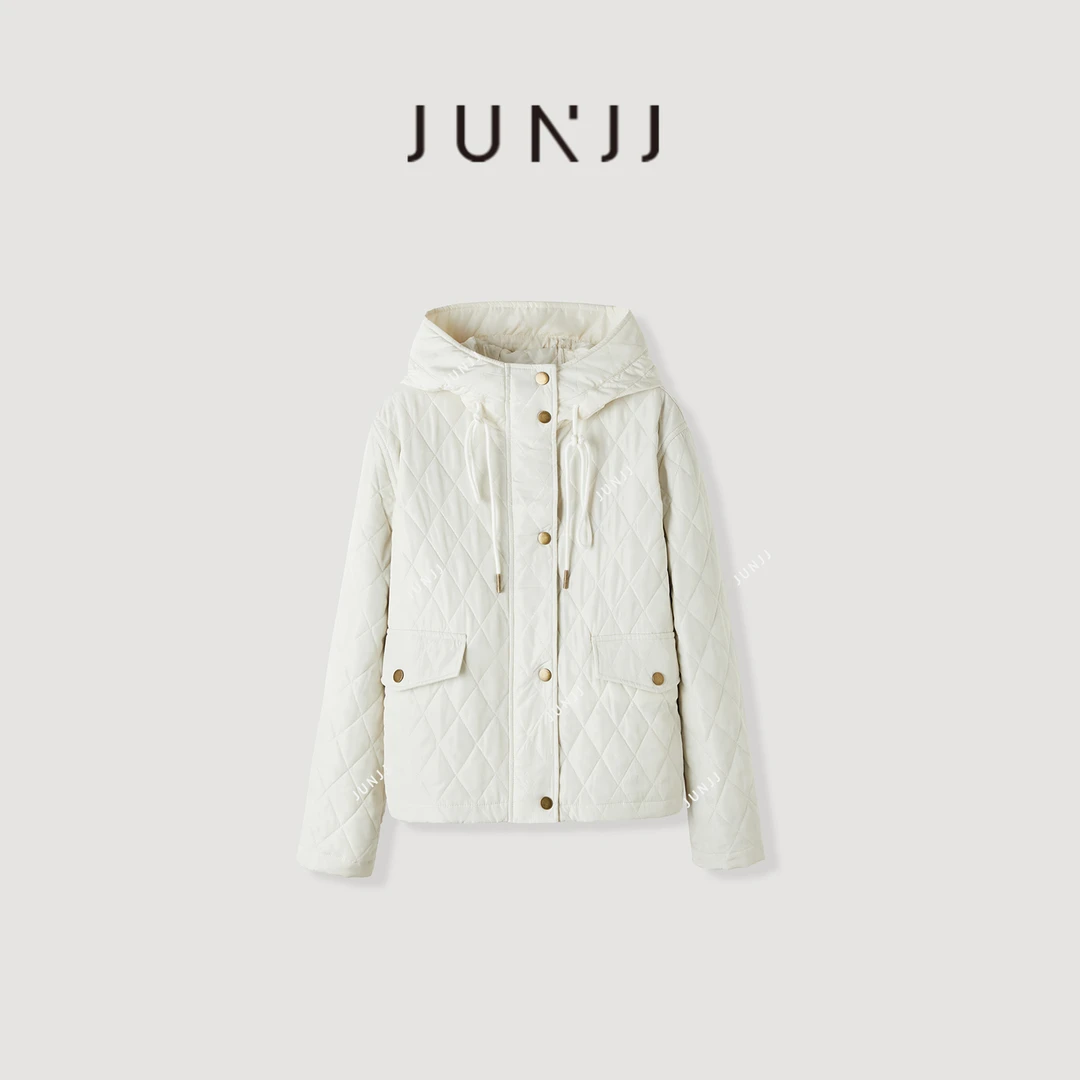 杰瑞【私服品味】菱形格绗棉连帽棉服女25秋冬新款宽松休闲百搭外套