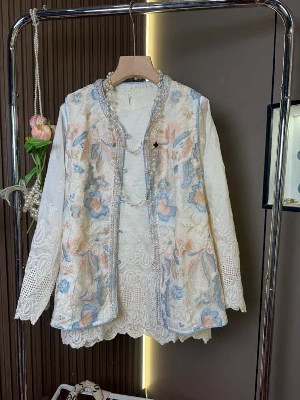 薄款马甲春季提花马夹女士立领时尚新中式大码显瘦好看