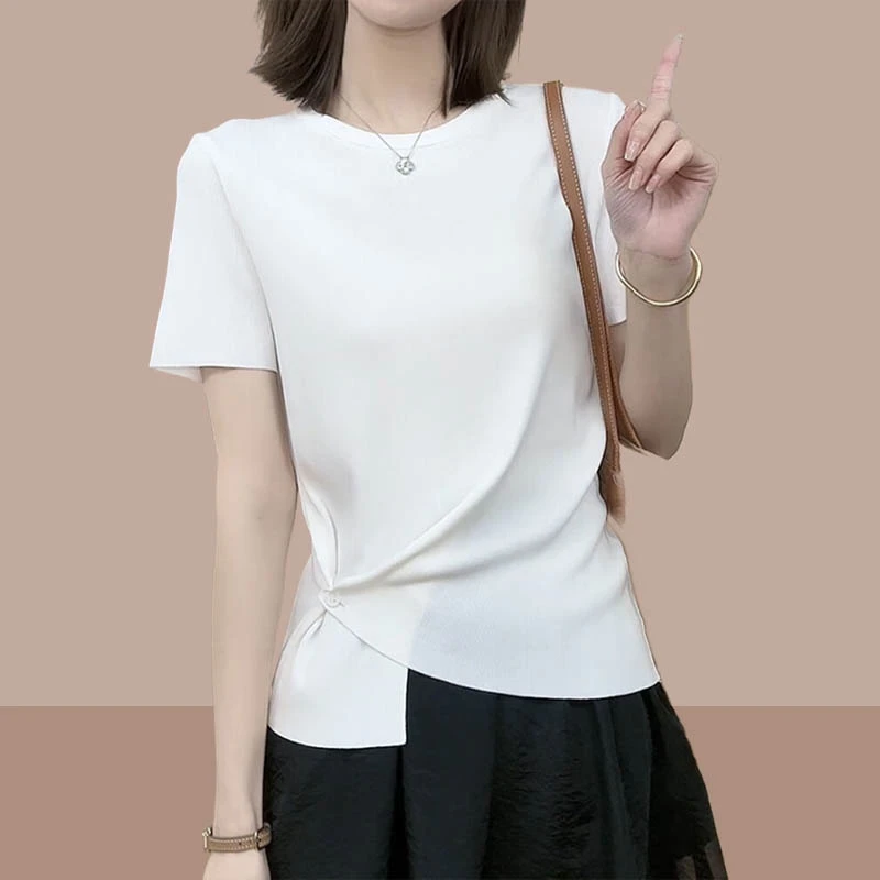 下摆暗扣冰丝正肩短袖t恤女2026新款夏季宽松显瘦别致上衣针织衫