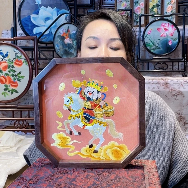 刺绣苏绣摆台胡桃木手工双面