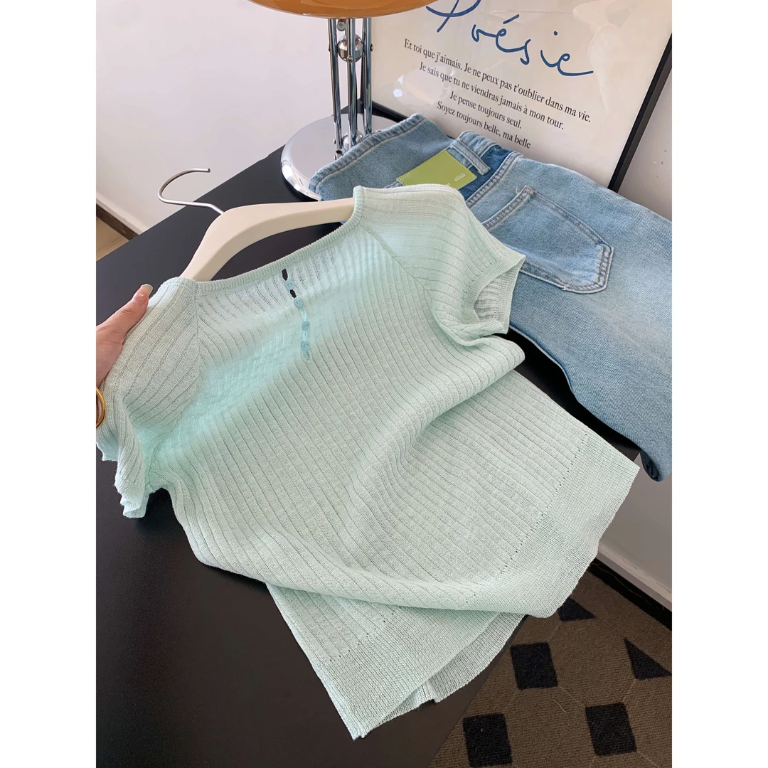 薄荷曼波绿色针织短袖T恤女2025年新款夏季设计感温柔风韩系上衣