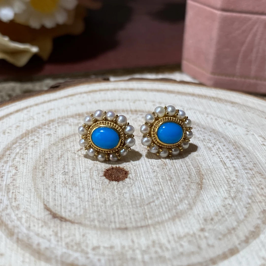 高瓷云盖寺绿松石镶嵌18k金耳钉款气质优雅贵气