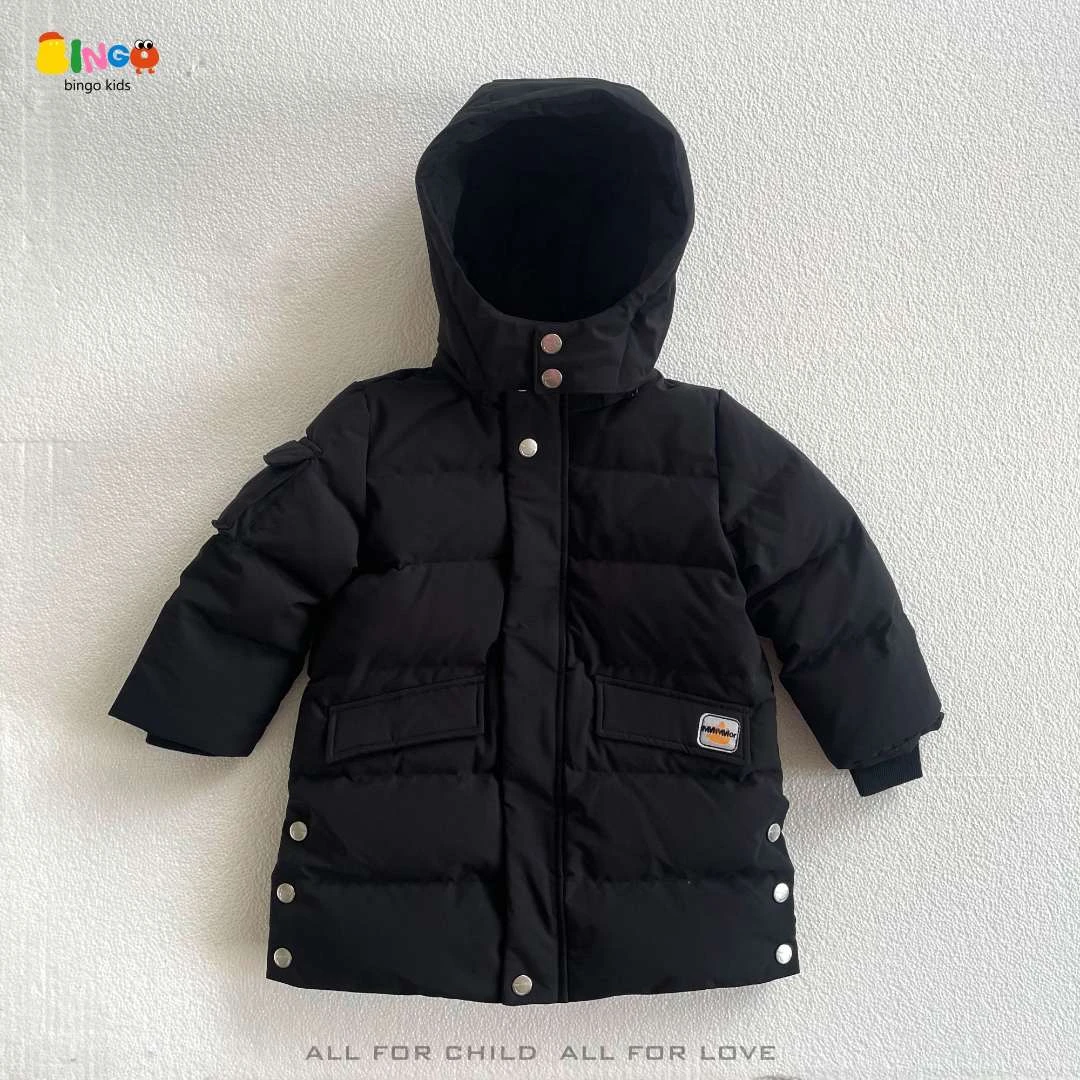 【6054】冬季儿童中长款工装连帽羽绒服黑