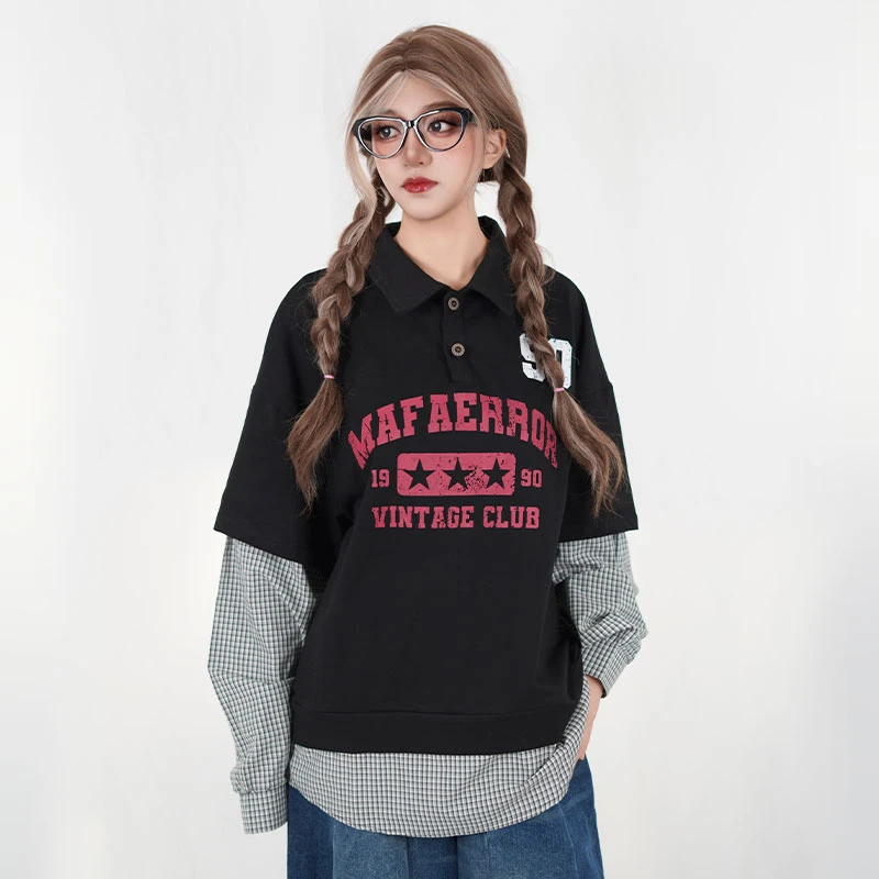 PEEKABOO 街头风假两件拼接撞色套头长袖2025新款百搭POLO衫