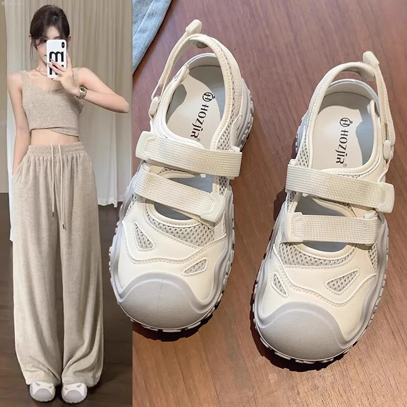 Moleubak包头运动凉鞋女款2025新款夏季时尚透气镂空网面洞洞鞋子