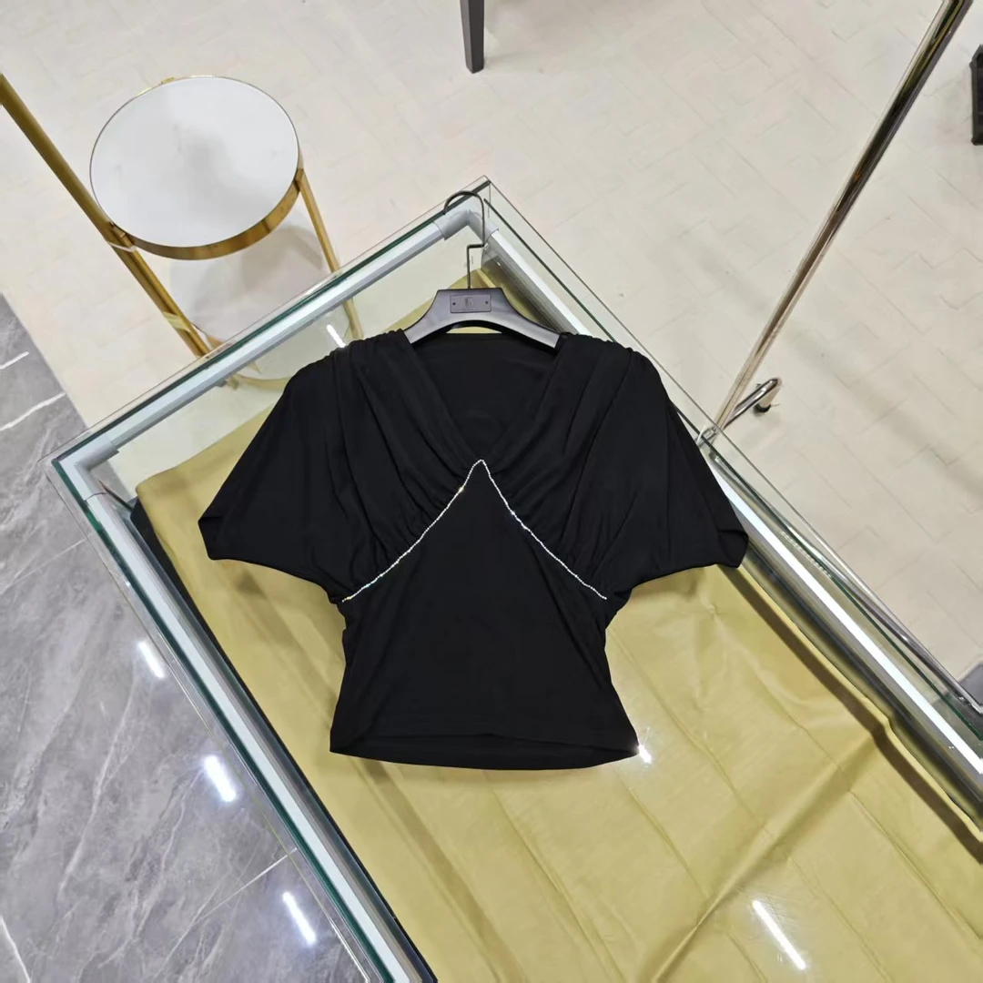 V领通勤风T恤烫钻森系休闲短袖蝙蝠袖运动常规