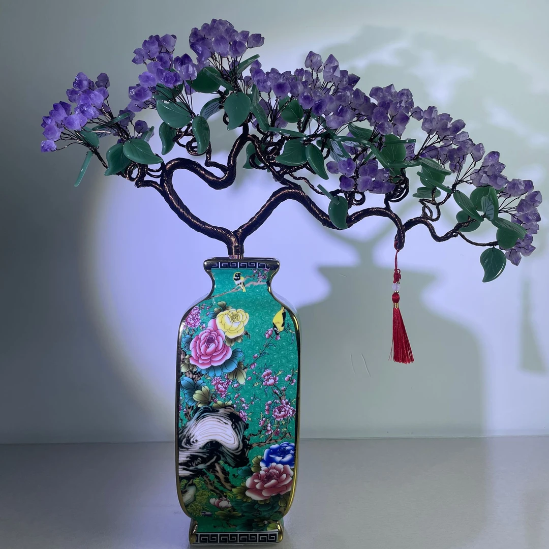 百鸟朝凤四方瓶紫水晶树陶瓷摆件手工点缀精美适合家居装饰