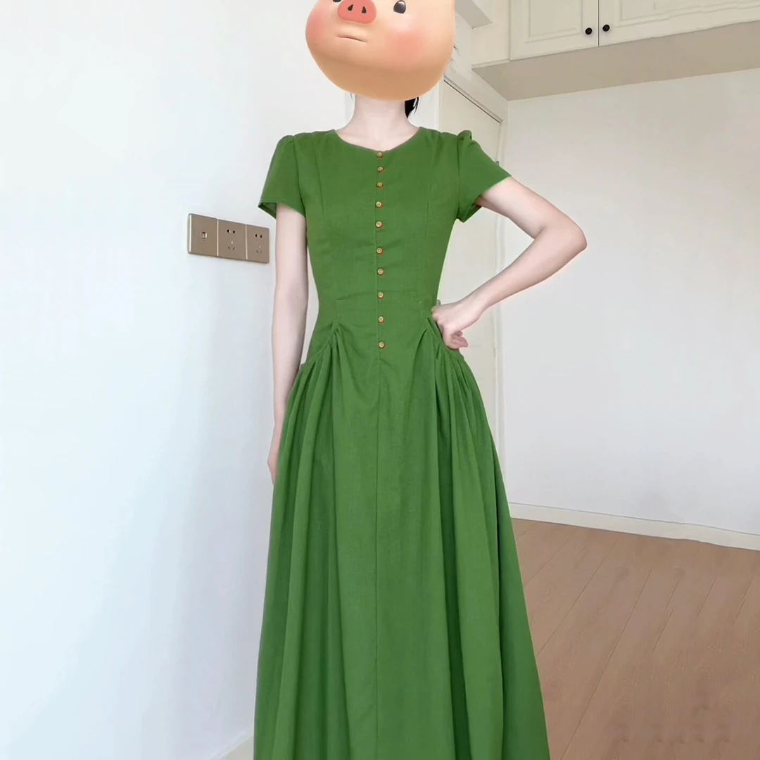 法式绝美绿色连衣裙子女夏季2025新款今年爆款巨好看掐腰长裙5454