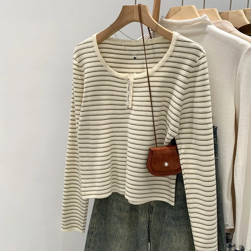 条纹半开领长袖内搭打底针织衫女秋冬2025年新款高级感超好看上衣