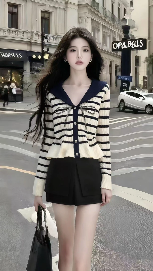 秋季慵懒松弛感穿搭氛围感黑色V领长袖条纹针织上衣+黑色百搭短裤