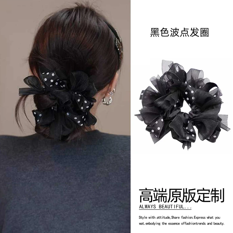 韩系黑色波点大肠发圈女2025新款头花慵懒风头绳高级感丸子头发饰