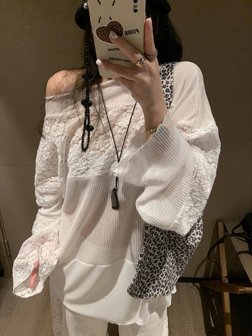 大码韩国东大门夏款蕾丝拼接微透镂空长袖海边度假防晒罩衫衬衫