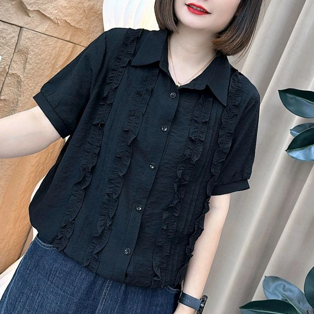 时尚木耳边花边纯色衬衫2025夏季新款民族风polo领宽松显瘦上衣女