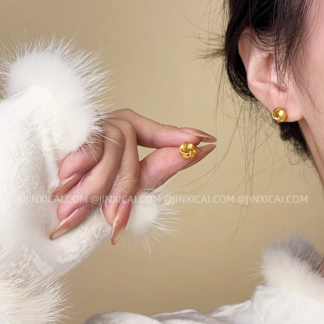 合金耳饰 【流金岁月】JXC金喜彩复古轻奢气质金色麻花缠绕耳钉6206